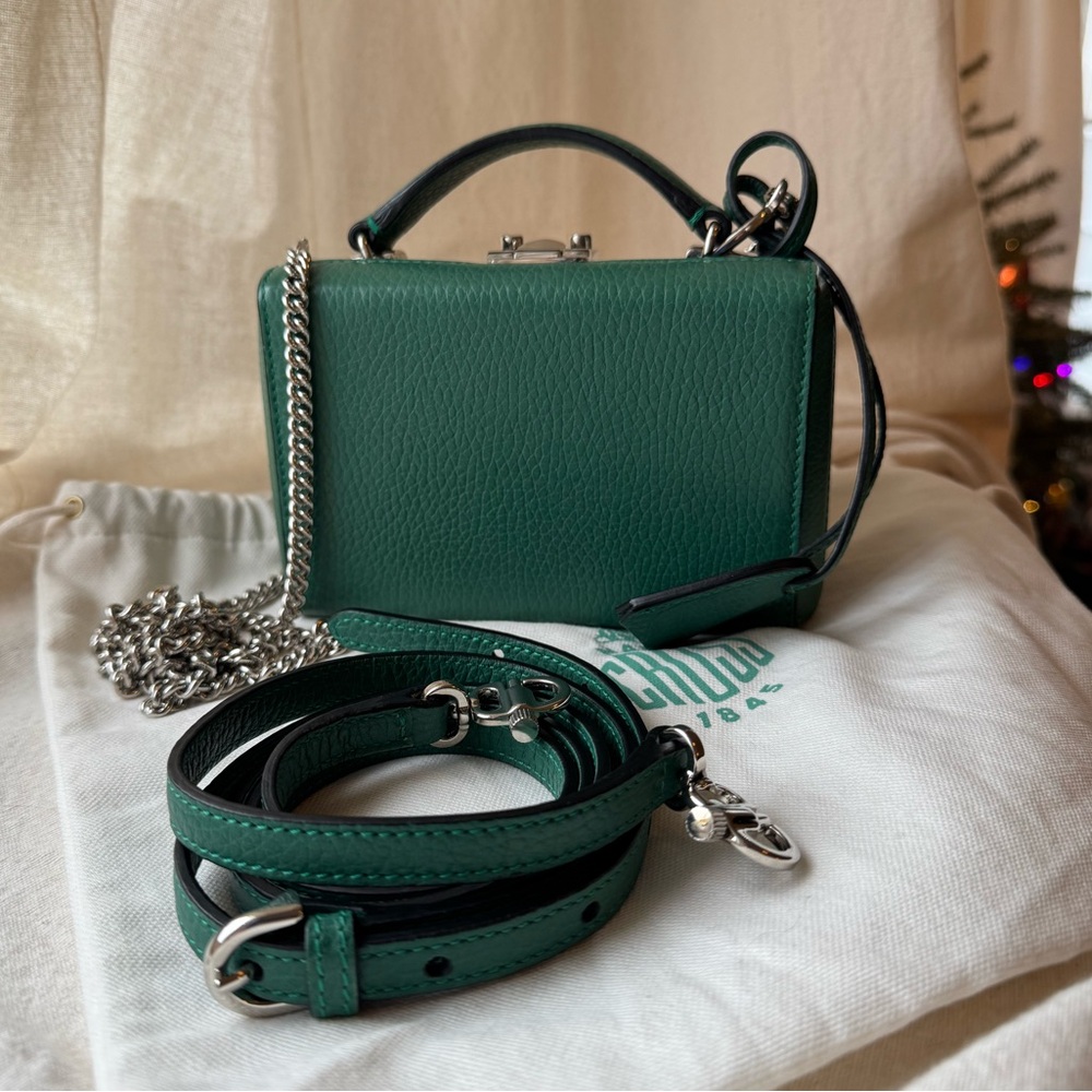 Mark Cross Grace Mini Box Bag pebbled leather palladium hardware chain & strap